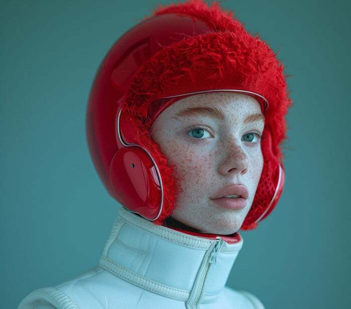 Freckled woman with red helmet and white jacket